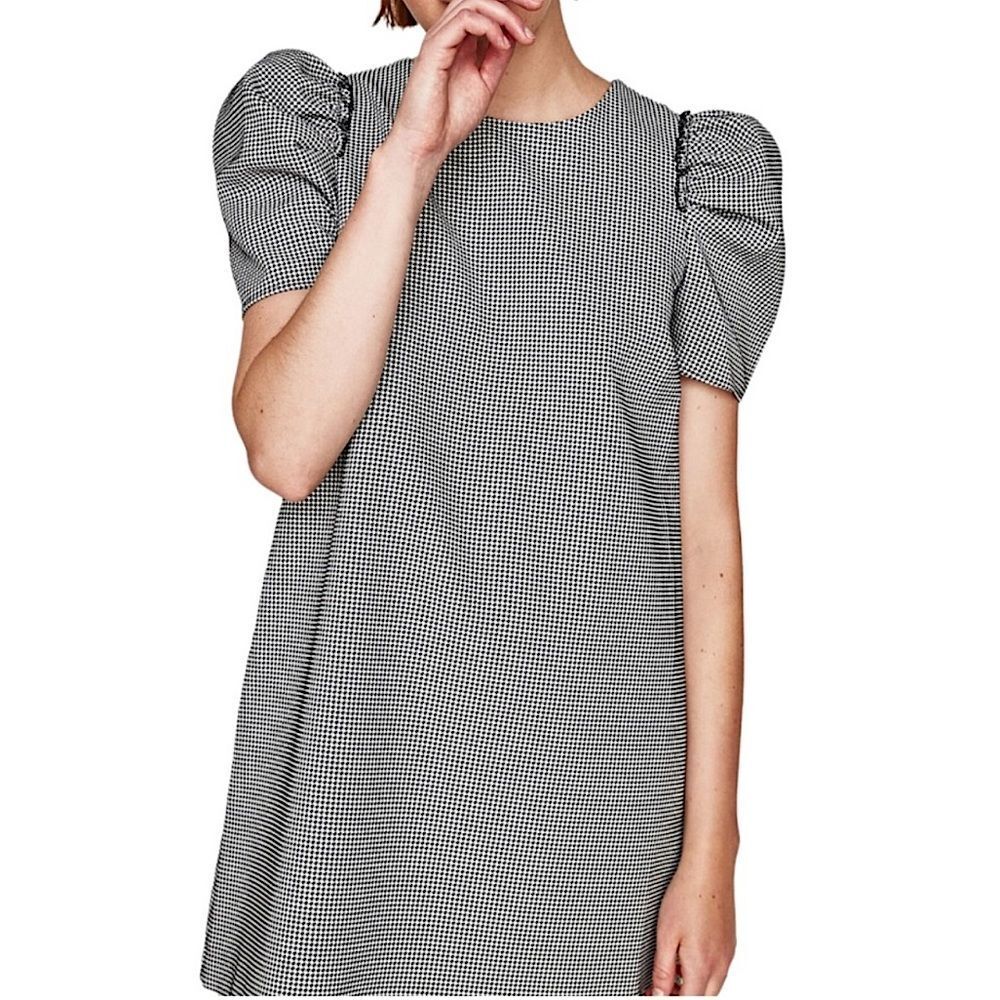 Zara Dress Black & White Checkered Puff Sleeve with Pockets Size L